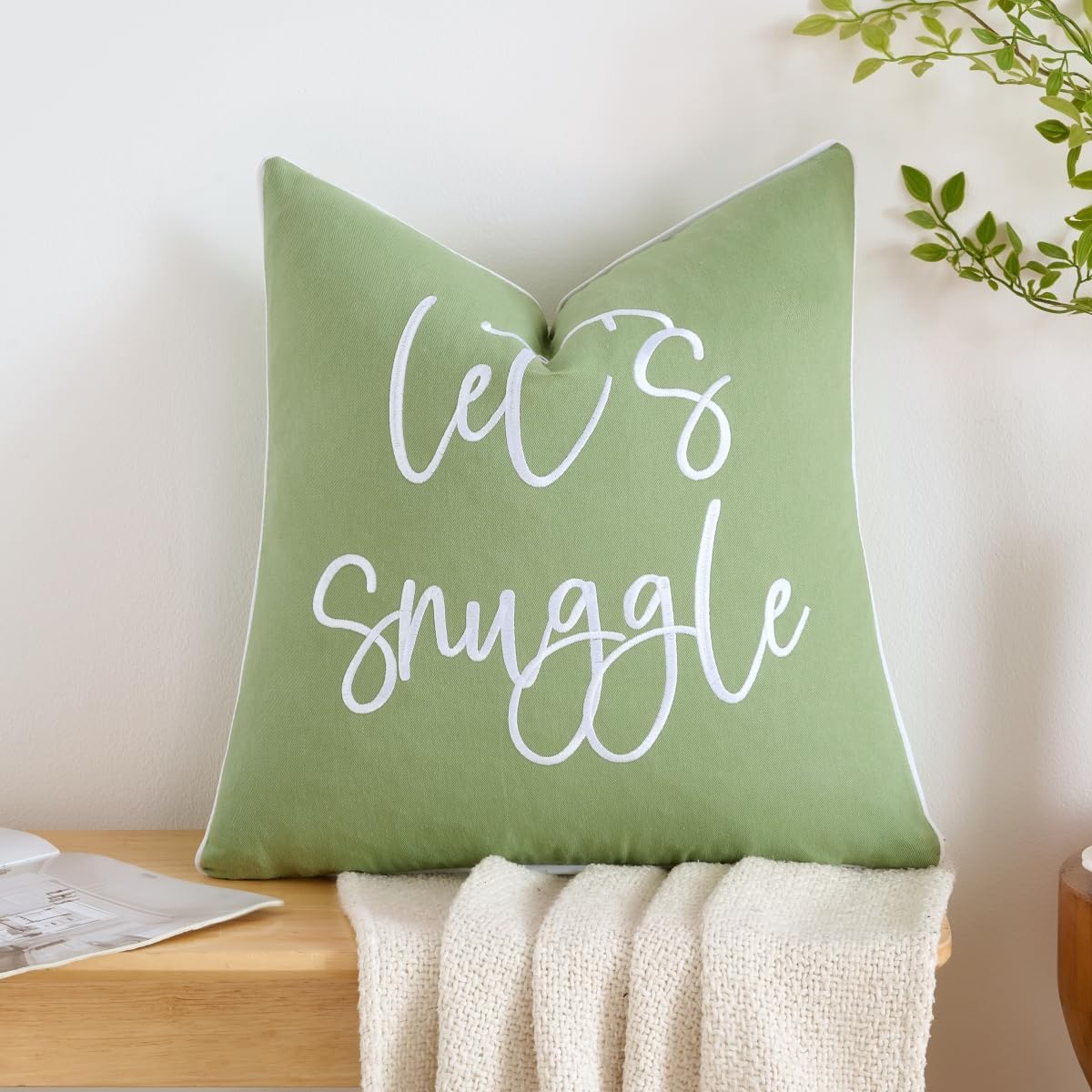 Sunkifover Let's Snuggle Decorative Lumbar Pillow Cover - 14x36 Inch Brown and White Cotton Embroidery Throw Pillowcase for Bed, Bedroom, Living Room, Home Decor