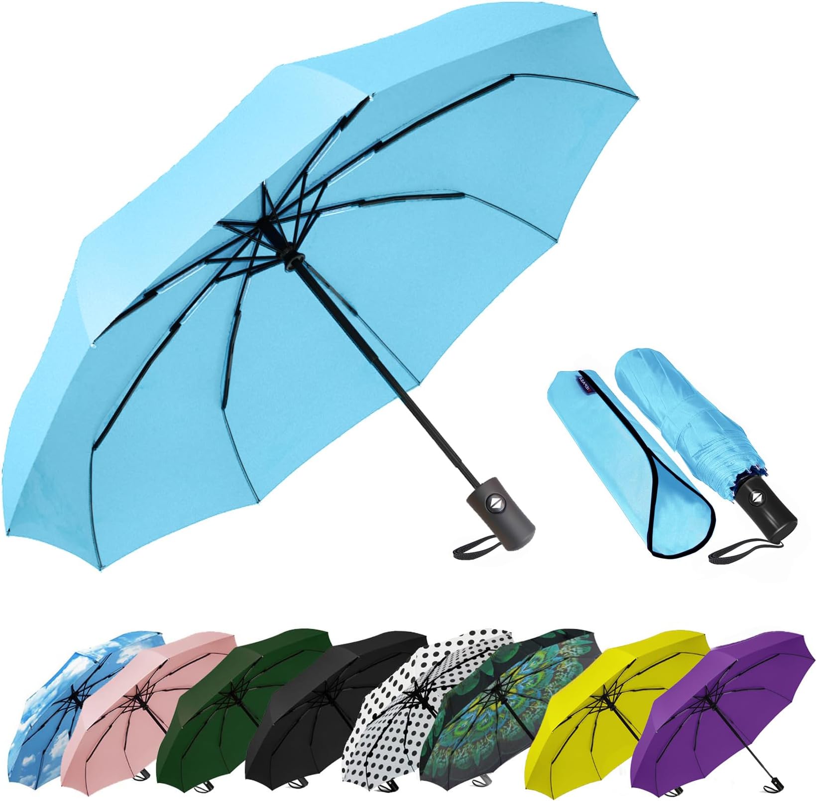 SIEPASA Windproof Travel Compact Umbrella-Automatic Umbrellas for Rain-Compact Folding Umbrella, Travel Umbrella Compact, Small Portable Windproof Umbrellas for Men Women Teenage.(Light Blue)