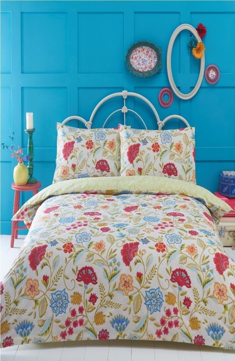 Irvine King Size Duvet Cover and 2 Pillowcases Set Bedding, Bed Set, Cream, Blue, Red, Floral, Retro, Cream