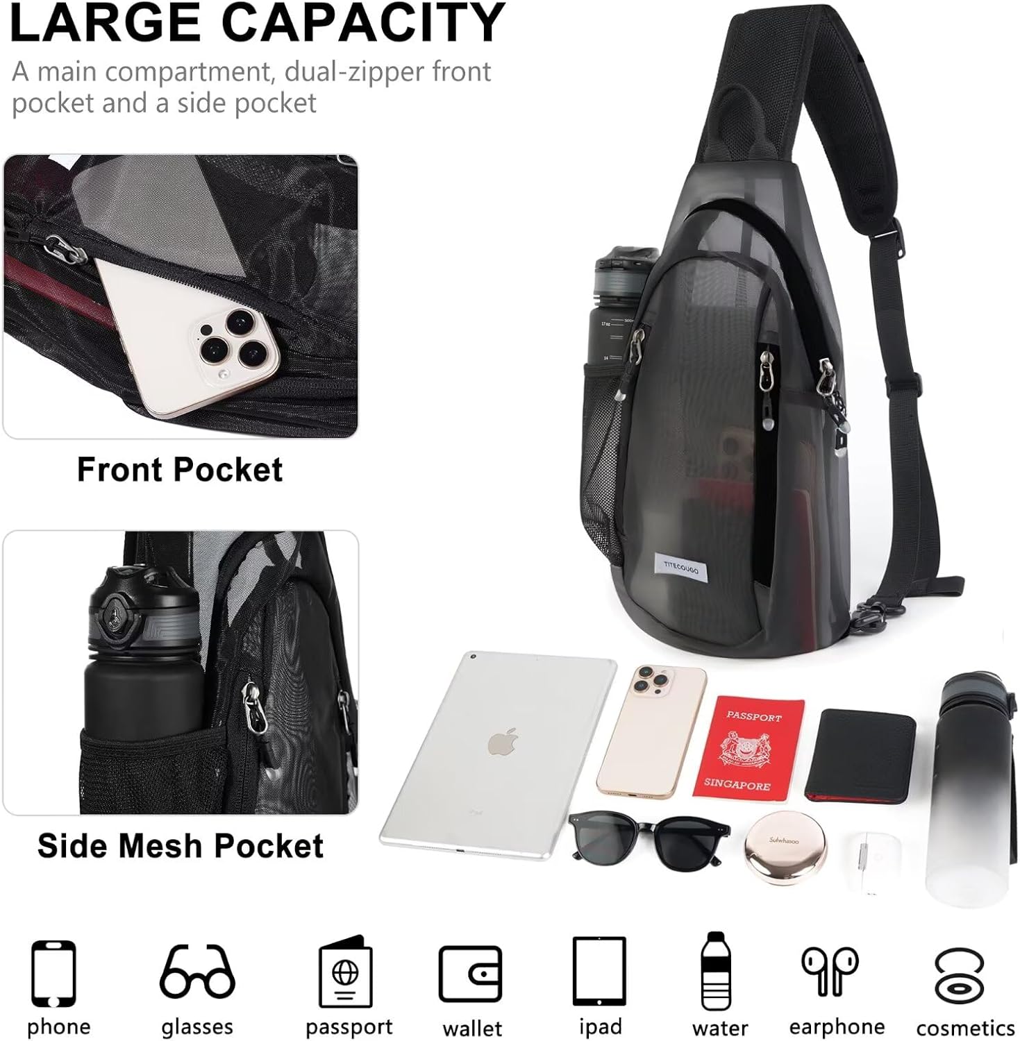 TITECOUGO Clear Sling Bag, Switchable Right or Left Strap, Transparent Mesh – Stadium Approved (Check Venue Policy) - Image 3