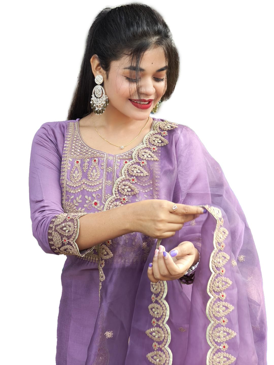 vredevogel Women's Silk Blend Embroidered Kurta with Pant & Silk Chiffon Dupatta Set-picture-39