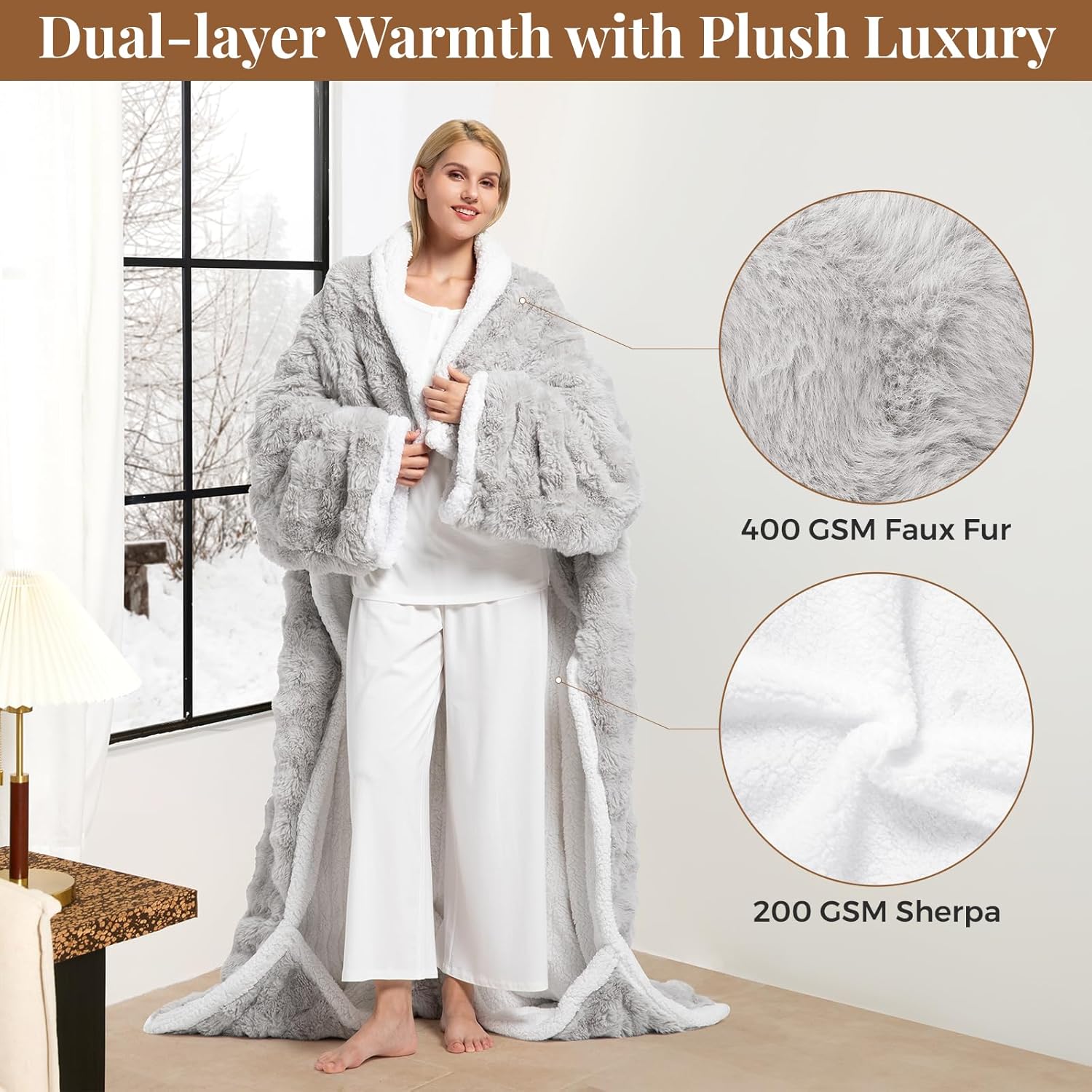 Wearable Heated Blanket, Luxury Faux Fur & Sherpa Electric Throw Blanket with Sleeves, Foot Pockets, Heated Robe for Women Men Gift, 3 Heat Levels & 12H Timer, ETL & FCC Certified, 52"x 72" Light Grey - Image 2