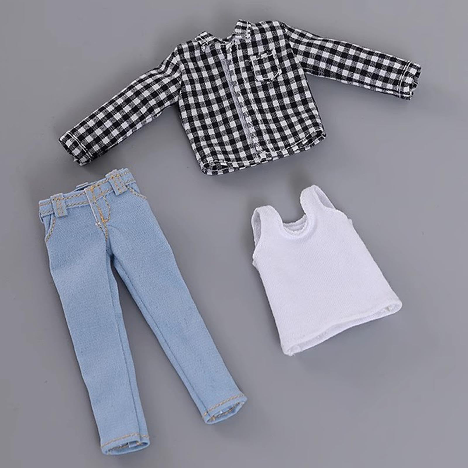 3 Stück Puppenhemd Herrenpuppen Kleidung Weste Jeans Hose Set Aus Stoff für 1/12 BJD Puppen für Dekoration Spiel Figureninszenierung, Schwarzes Weißes Netz