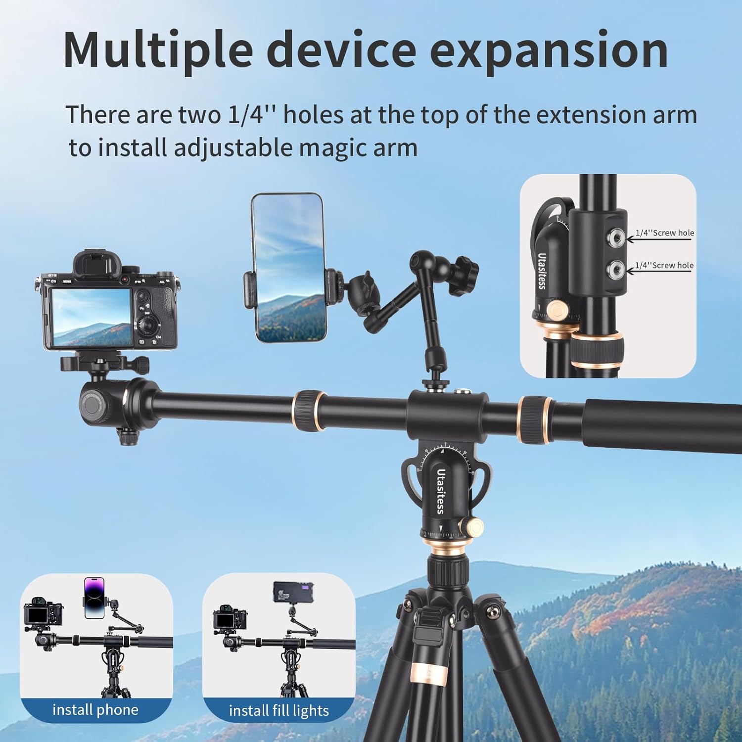86.6 inch Camera Tripod Monopod with Center Column and Ball Head Aluminum, Arca Type QR Plate,Horizontal Overhead Shooting Tripod for DSLR Camera Video Camcorder, Heavy Duty Max Load: 27lb
