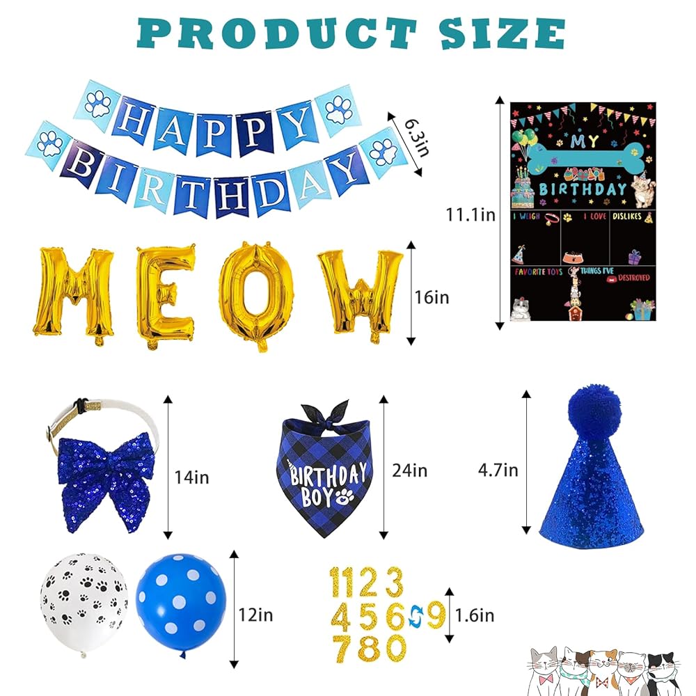 Cat Kitten Birthday Bandanas Cat Birthdays Party Supplies Party Hat Boy with Cat Birthdays Banner Balloons Meow Letter Foil Balloons for Boy Cats Kitten Decorations view 3
