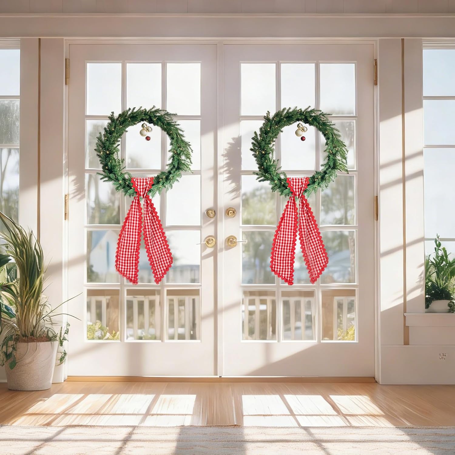 Giegxin 2 Pcs Wreath Sash for Front Door Plaid Canvas RIC Rac Trim Wreath Sash Accessories Garland Ribbon for Yard Doorway Patios Indoor Outdoor Wedding Bridal Shower Home Decor(Red and White)