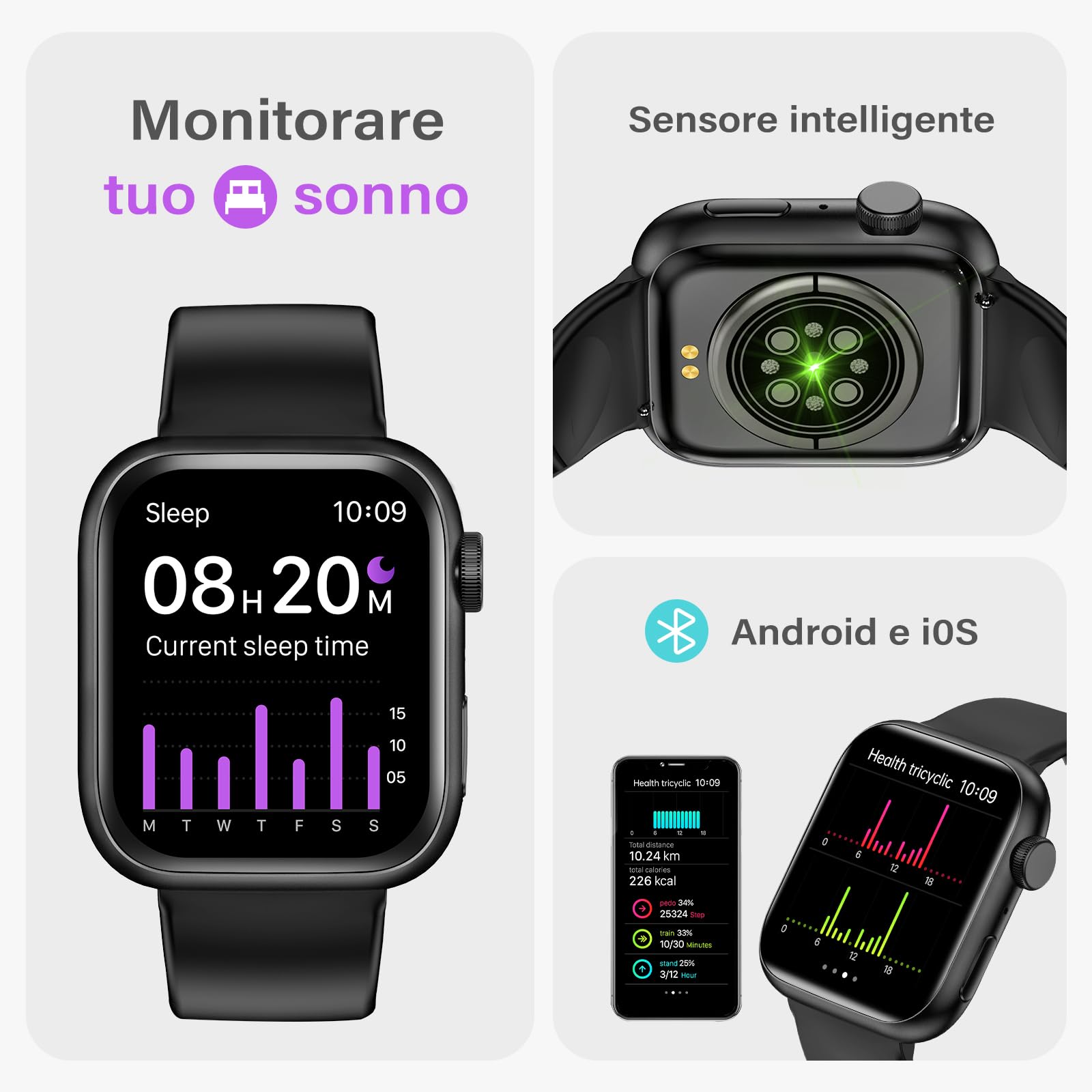 Smartwatch Uomo Donna, 1.85" Orologio Smartwatch con Chiamare/Rispondere, Molteplici modalità Sportive con Contapassi/Sonno/Cardiofrequenzimetro, IP68 Smart Watch per Andorid iOS