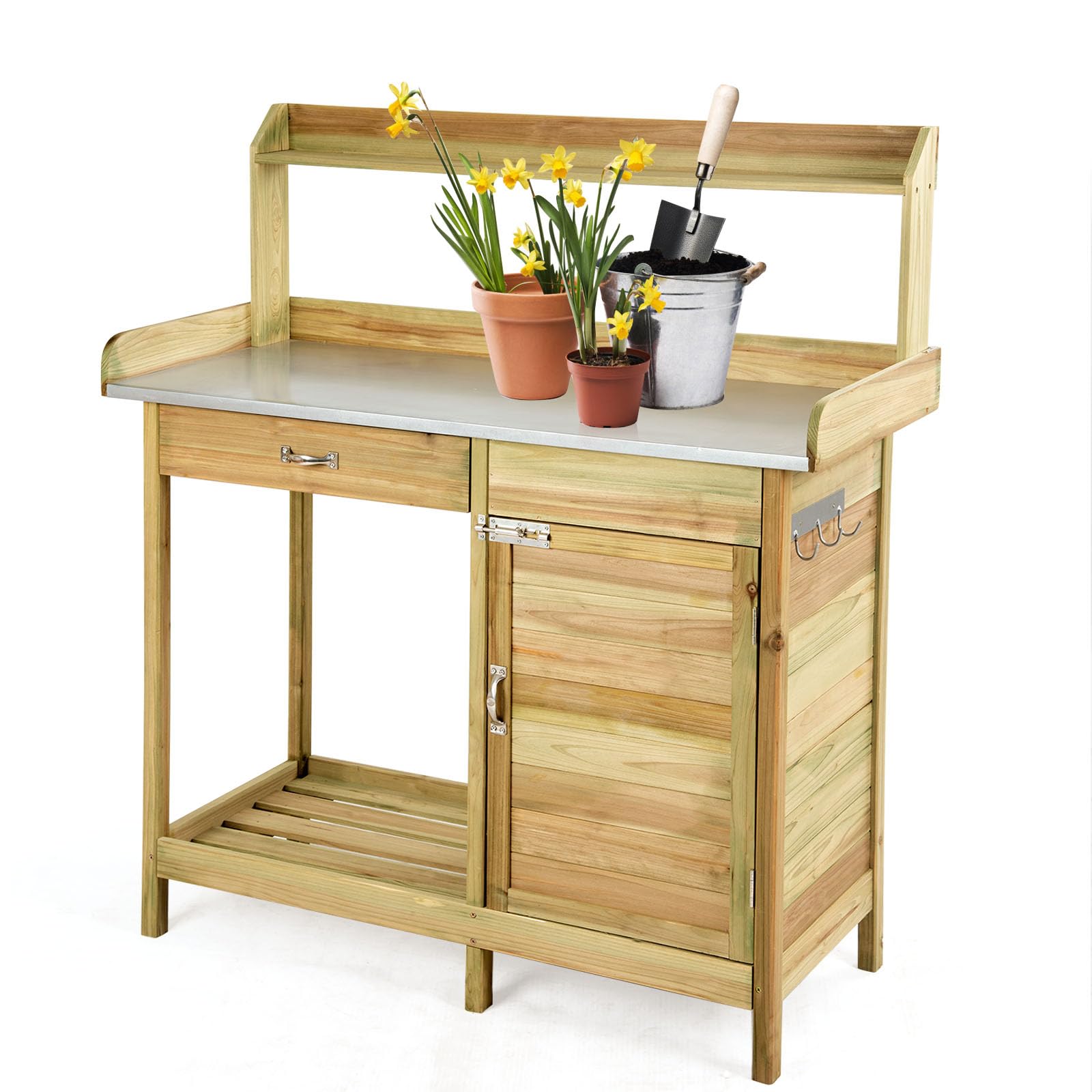 HOMASIS Tavolo da Giardino per Piante in Legno, Banco da Lavoro con Cassetto, Armadietto e Piano in Metallo, Mobile da Esterno per Giardinaggio da Balcone, Patio, Terrazzo, 112 x 46 x 125cm