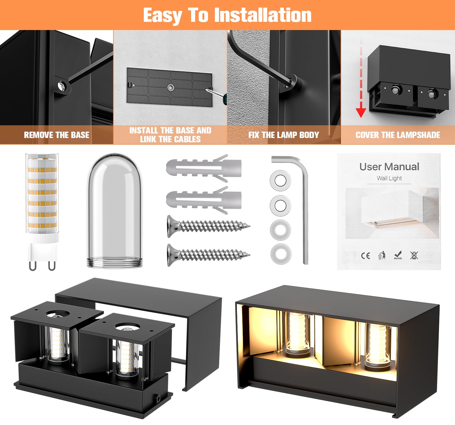 YrgePowk Applique da Parete con Lampadina Sostituibile G9 LED, Applique da Esterno IP65 Impermeabile Applique da Parete Interno 18W 3000K Bianco Caldo Angolo del Fascio Regolabile (Nero)