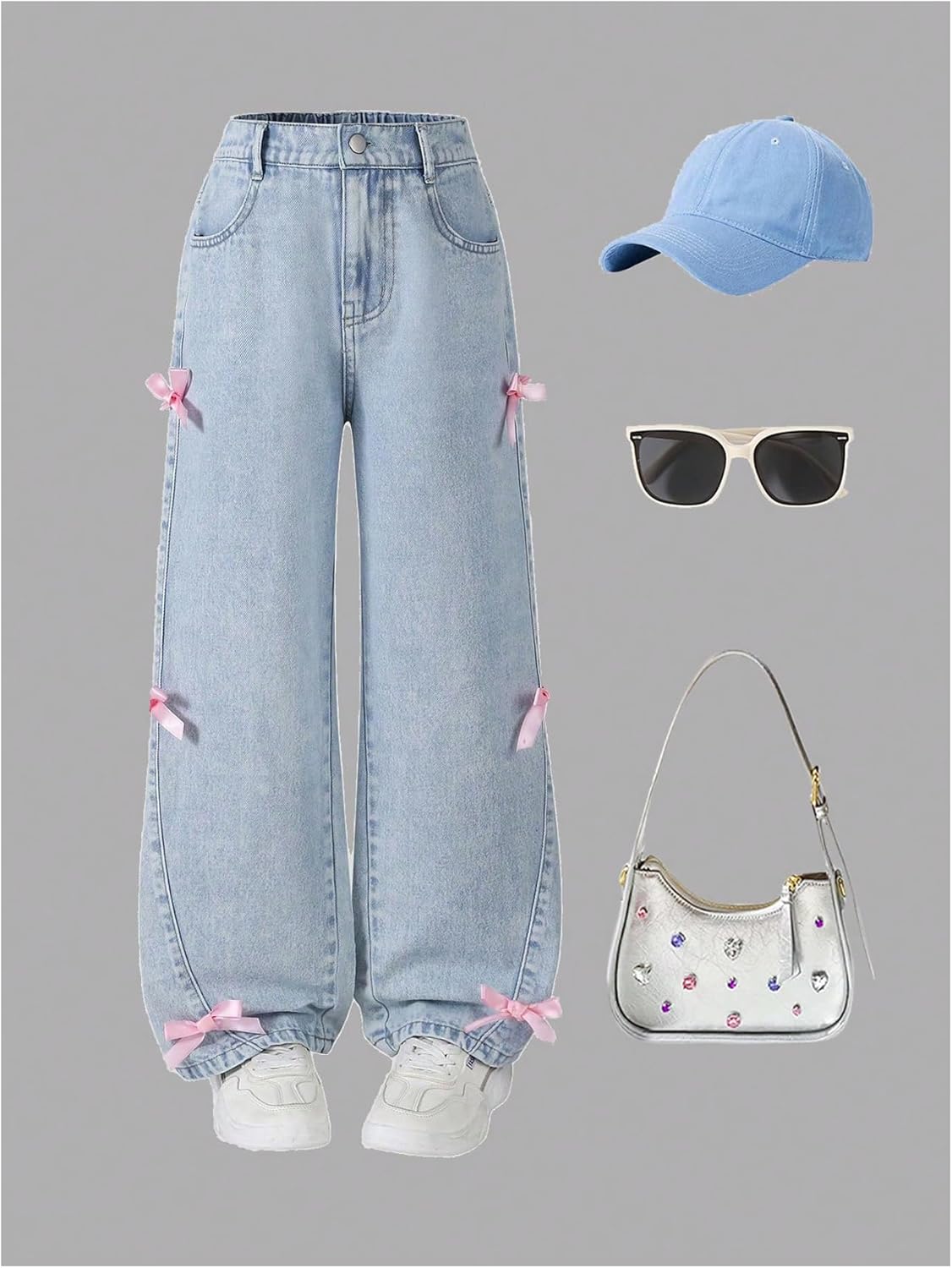 MakeMeChic Girl's Bowknot Jeans Elastic Waist Wide Leg Cute Y2k Denim Pants