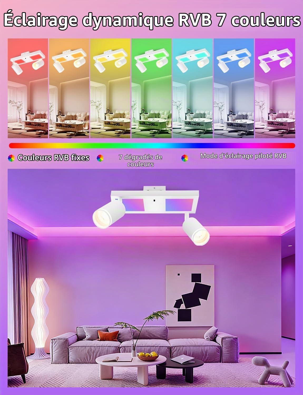 YindaLux Plafonnier LED 2 Spots avec Télécommande, RGB 17W 2300LM Spots de Plafond GU10 Orientable, Blanc Plafonnier Spot avec Lueur Inférieure 7W+2x5W GU10 pour Salon Cuisine Chambre