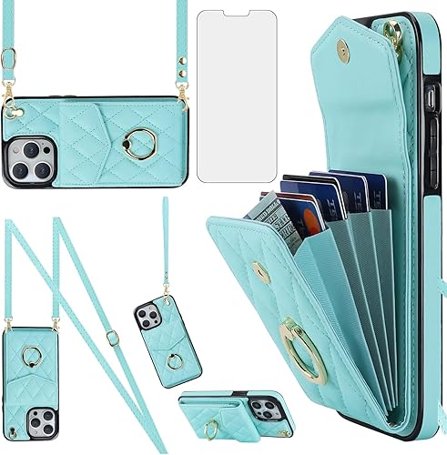 Asuwish Funda de teléfono para iPhone 13 Pro Max 2021 de 6.7 pulgadas con protector de pantalla, correa de muñeca, anillo de bloqueo RFID, tarjetero
