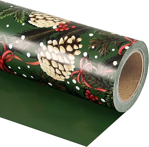 Vista 158 de WRAPAHOLIC Papel de regalo reversible de Navidad, mini rollo, 17 pulgadas x 33 pies, diseño de gnomo azul morado y cuadros con brillo metálico