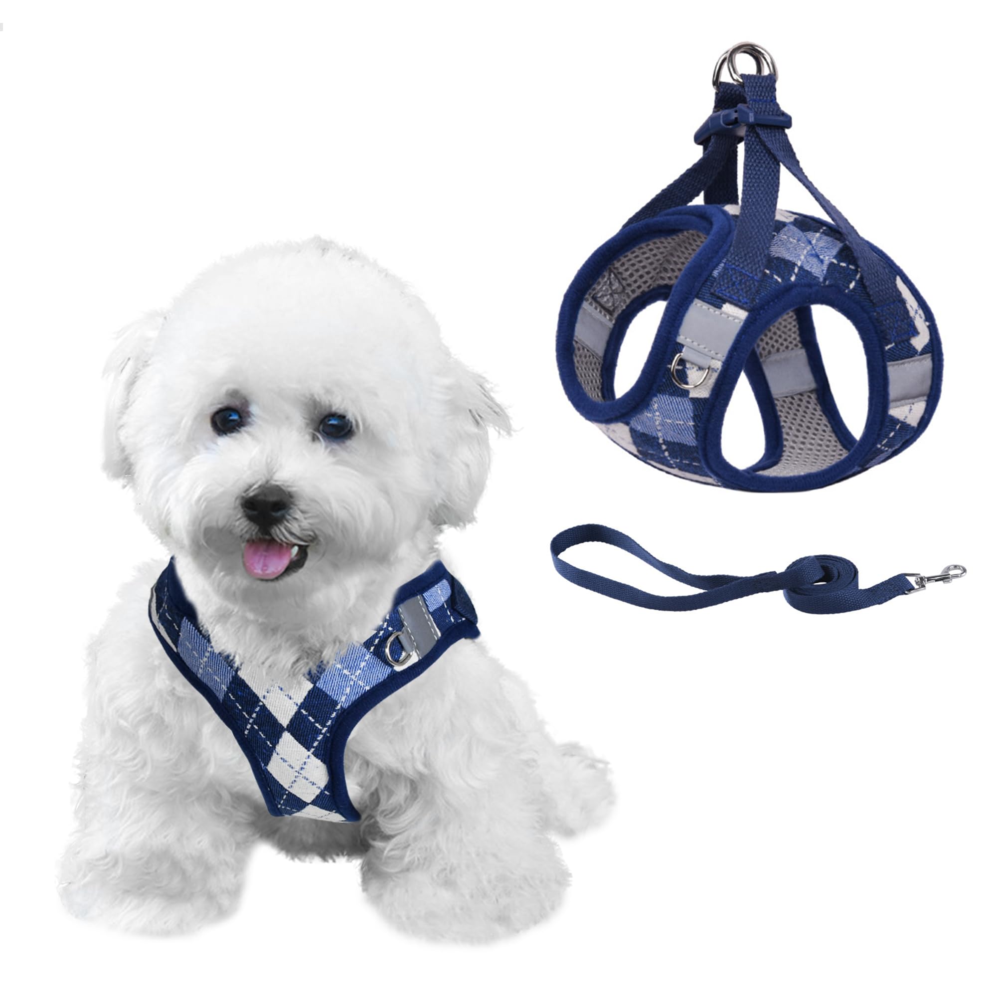 PawSailor Arnes Perro Mediano Antitirones con Corra, Step-In Transpirable Ajustable Reflectante a Noche Seguridad con Patrón Cuadros, Arnés de Chaleco Acolchado Suave, Azul L