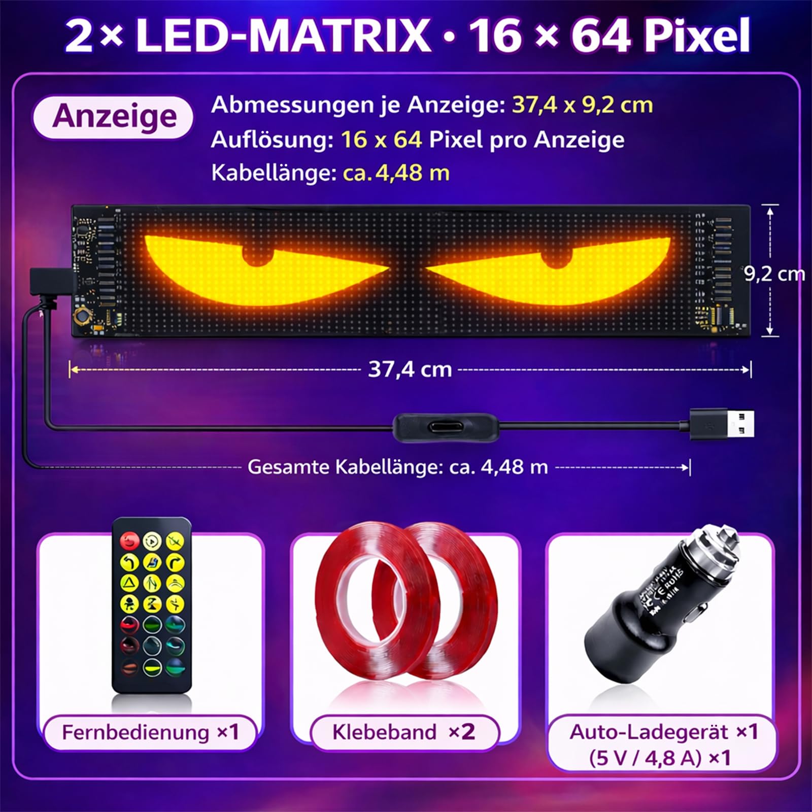 2er Devil Eyes Light For Cars Led Augen für Lkw Auto (92mm*374mm) Led Anzeige Programmierbar Laufschrift Leuchtreklame Personalisiert Leuchtschild FüR,Auto,LKW,Text,Graffiti,Smart App,Bluetooth USB 5V