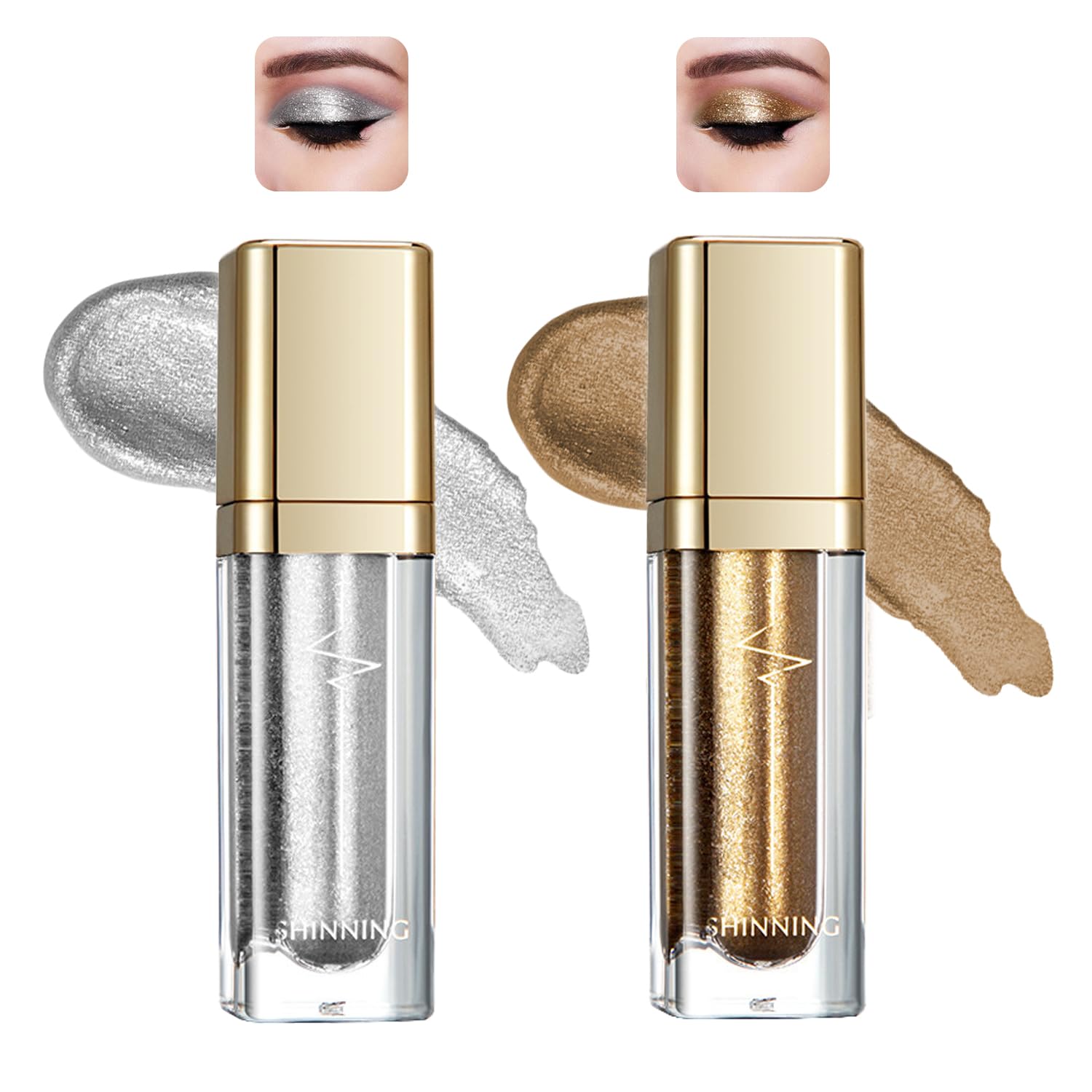 Metallic Liquid Eyeshadow Set including Glitter Gold & Starry Silver, Long-Lasting, Waterproof, Smudge-Proof