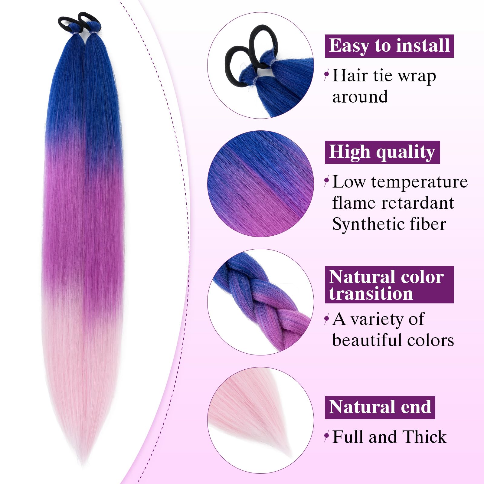 S-noilite Ombre Ponytail Hair Extensions with Hair Tie for Women Girls,Colored Synthetic Hairpiece Daily Party Costume DIY Braiding,26inch 2pcs,Blue to Purple to Pink - Image 3