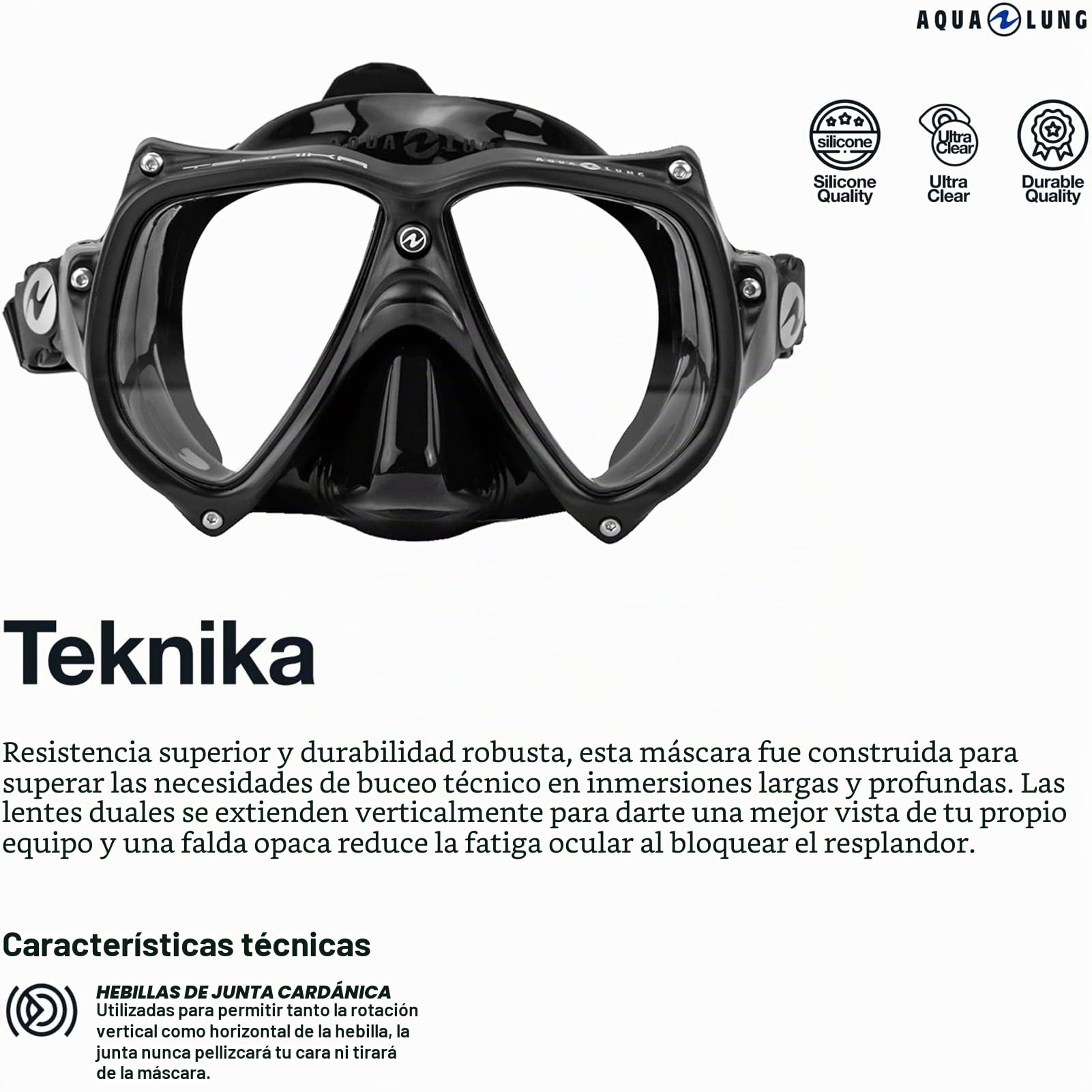 Aqualung TEKNIKA - Máscara de Buceo para Adultos de Vidrio Templado, Montura Resistente a los Golpes, Fácil Ajuste, Cómoda, Se Adapta a Todo Tipo de rostros, Óptimo para Submarinismo y Snorkel
