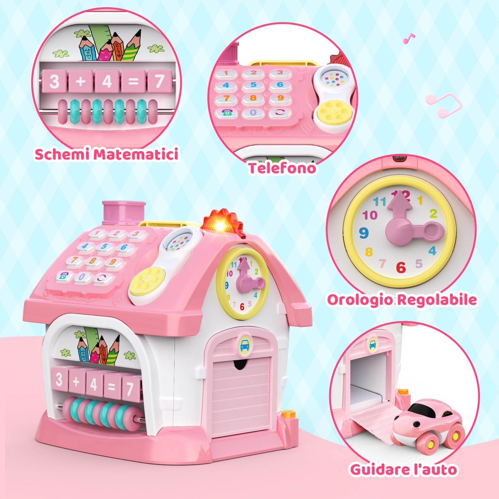 Giochi Montessori 1 Anno: 6 in 1 Giocattoli Bambini Multi-Attività con Musica/Orologio/Luci/Telefono/Auto, Gioco Bambino Educativo per 18 Mesi, Regalo Compleanno per Bambina 1 2 3 Anni (Rosa)