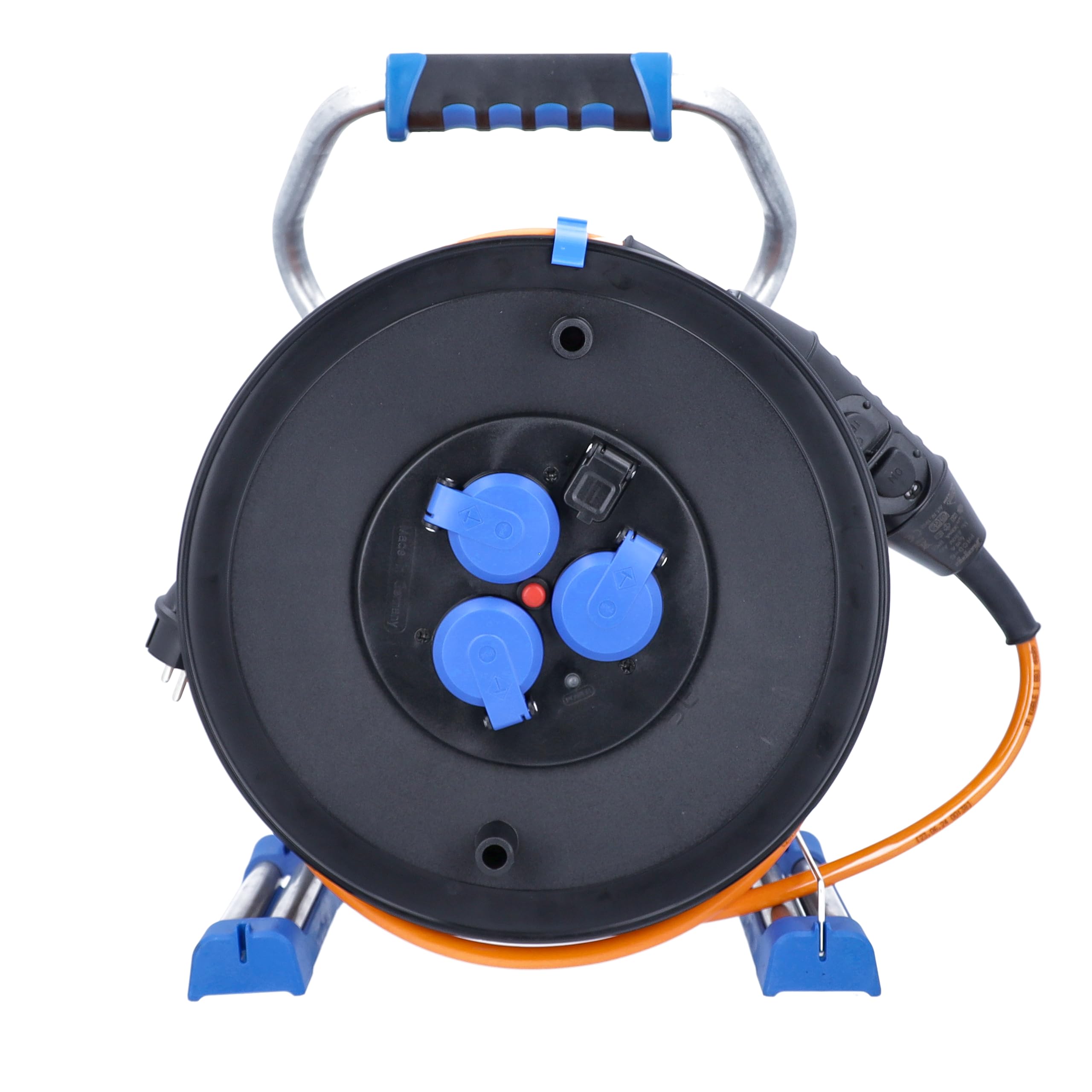 as - Schwabe XPERTS enrollacables de 40 m H07BQ-F 3G1,5-230V / 16A / 3.500W - con PRCD-S interruptor de protección personal intermedio 30 mA - 3 tomas con tapas de protección - USB - IP44, 23829