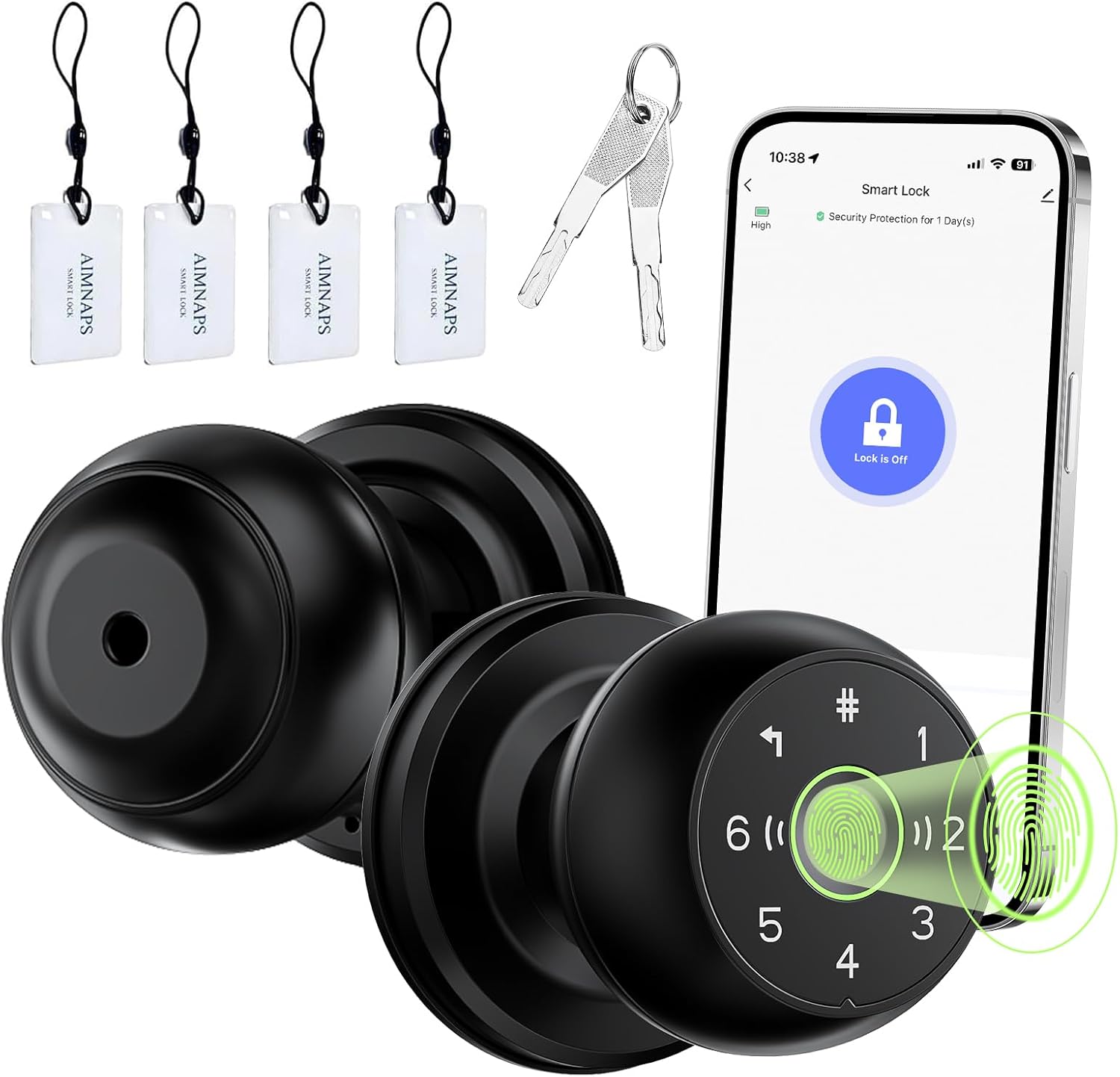 Fingerprint Door Lock, Smart Door Knob, 2.4G WiFi Biometric Door Knobs with App Control, Auto Lock Door Lock with Code, Thumbprint Door Knob for Bedrooms, Office, Apartment, Offices,Hotels