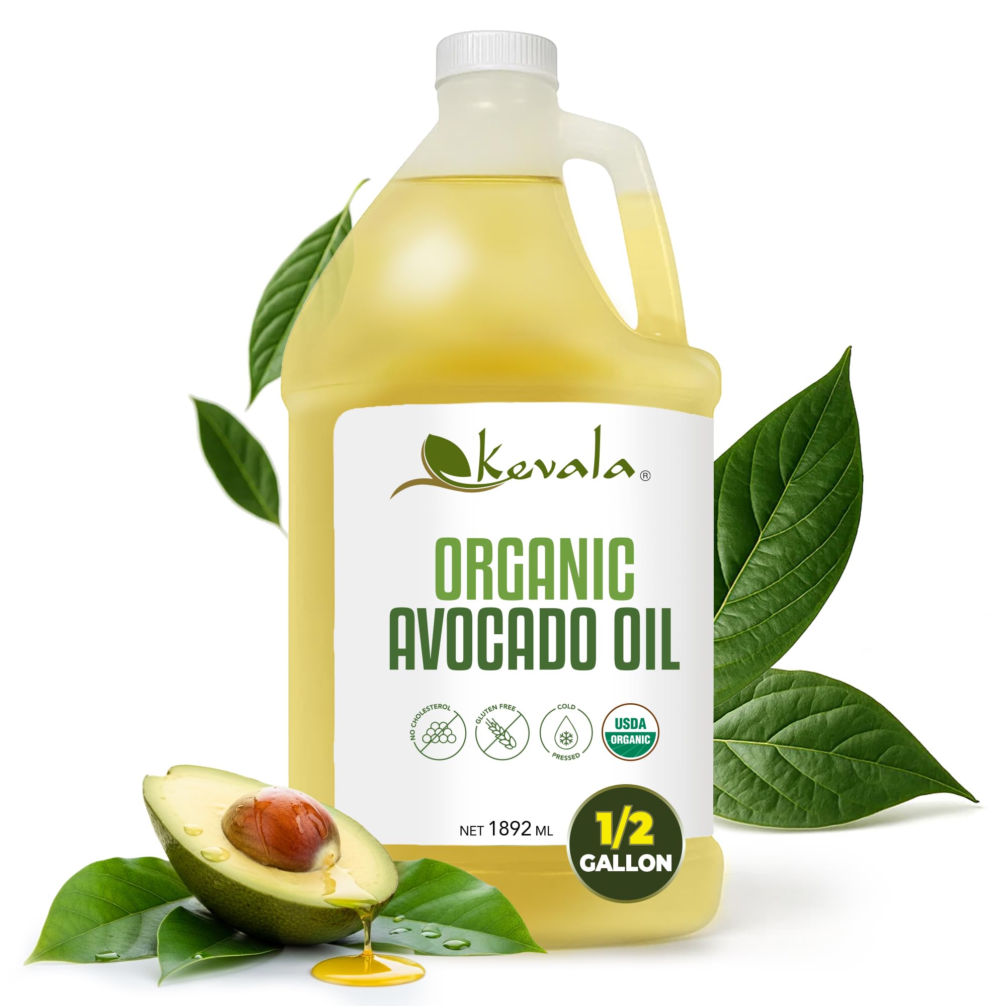 Organic Avocado Oil - 64 fl oz - 1.8 L - Half a Gallon - Cold Pressed - Avocado Oil for Cooking - Organic Vegetable - High Smoke Point – For Skin and Hair