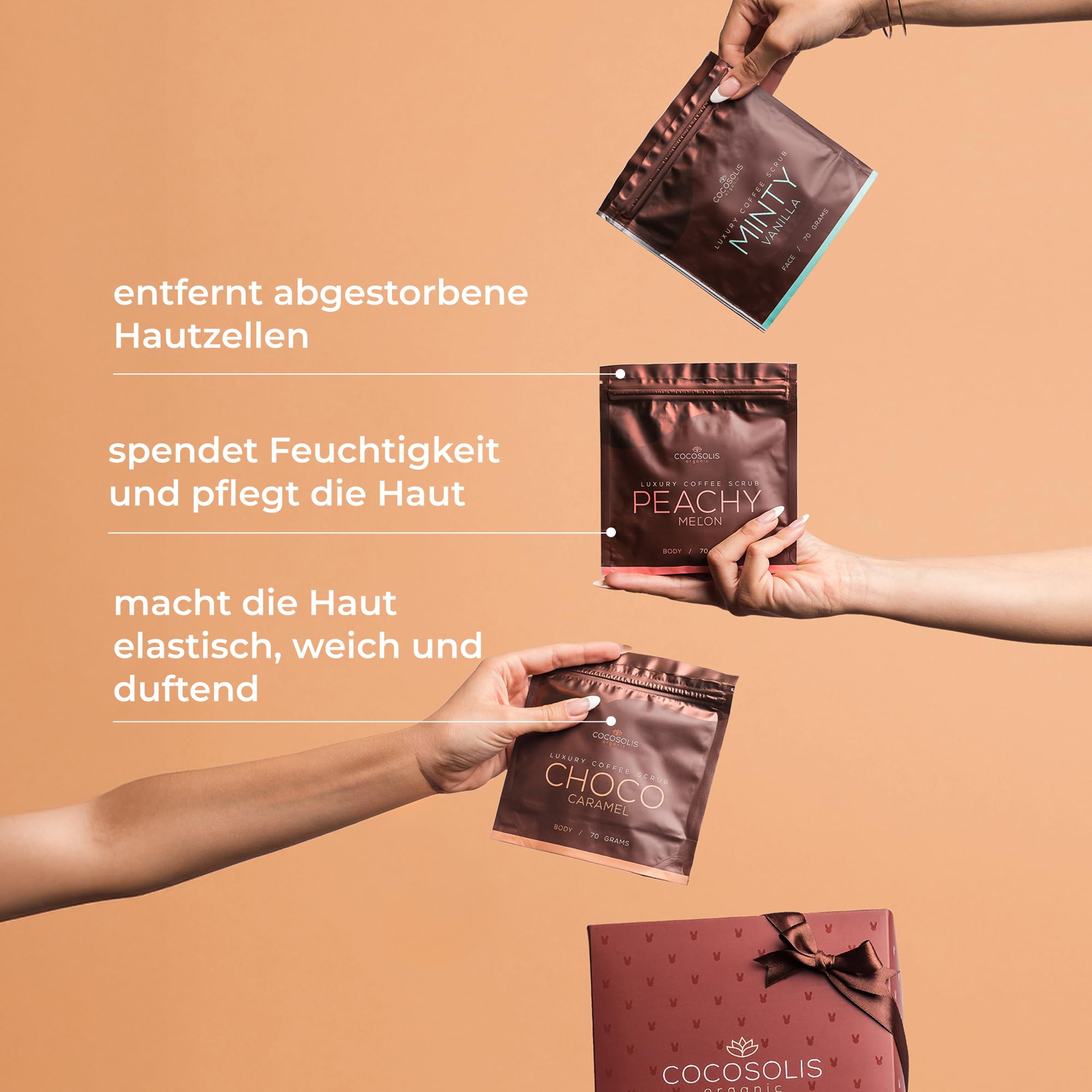 COCOSOLIS SCRUB Kaffee-Body Scrub-Set - ätherische Öle - Das perfekte luxuriöse Geschenkset Frauen - 3 x Peeling Körper und 1 x Peeling Gesicht (280 gr)