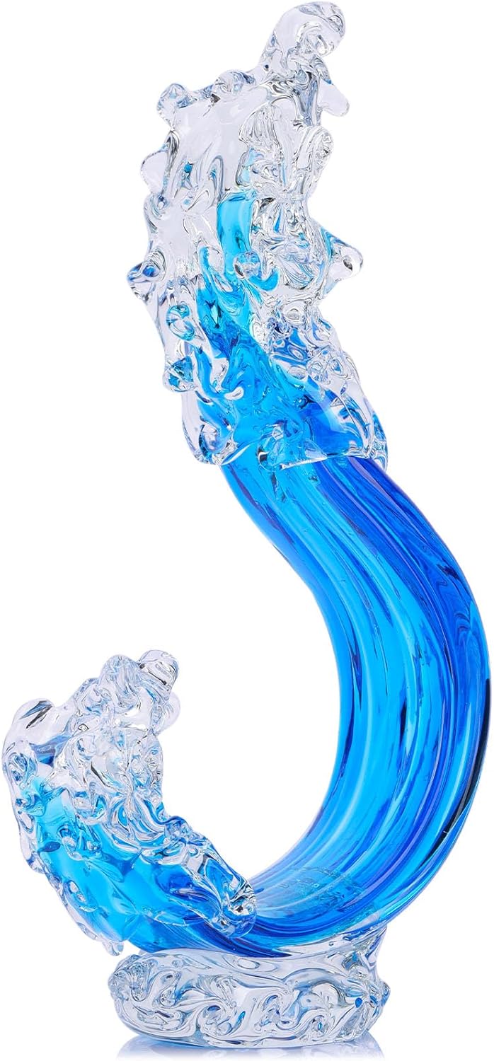 LCCCK Hand-Blown Blue Glass Ocean Wave Sculpture - 12.6" Tall Nautical Beach House Decor for Coastal Homes & Surfer Gifts