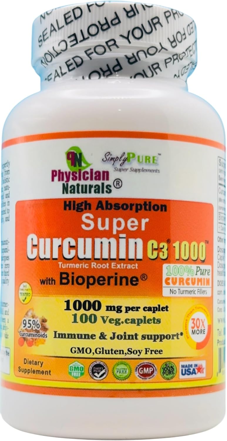 Super Curcumin C3 1000 with Bioperine® | 1000 mg High Absorption Curcumin | 95% Curcuminoids | Joint & Mobility Support | 100 Veg Caplets | Non-GMO, Gluten Free*