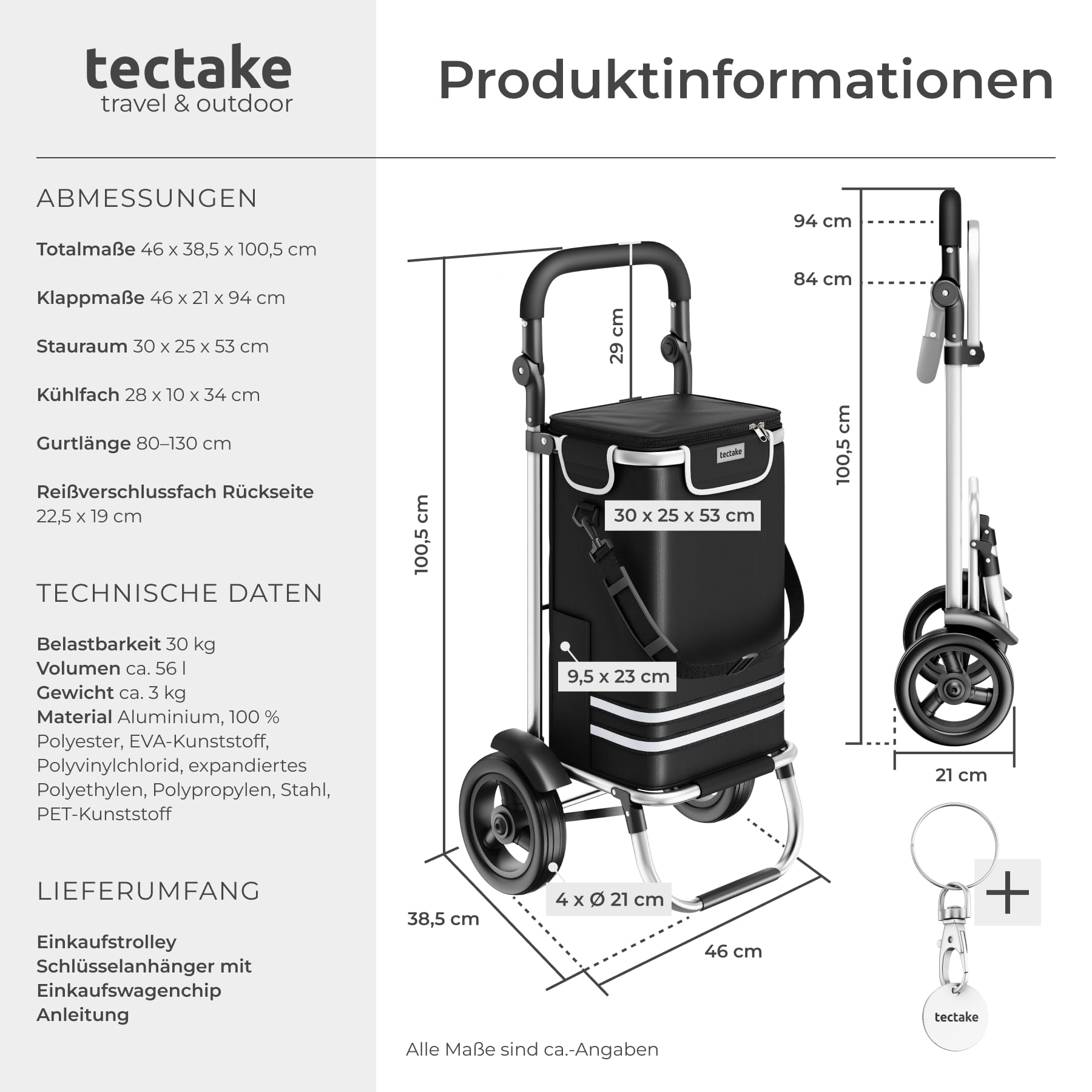 tectake® Einkaufstrolley 3-in-1 klappbar mit Kühltasche, 30 kg belastbar, 45,5 L, Einkaufsroller, Shopper, Sackkarre, Umhängetasche, Trolley Tasche, höhenverstellbarer Griff, Alu Gestell - schwarz