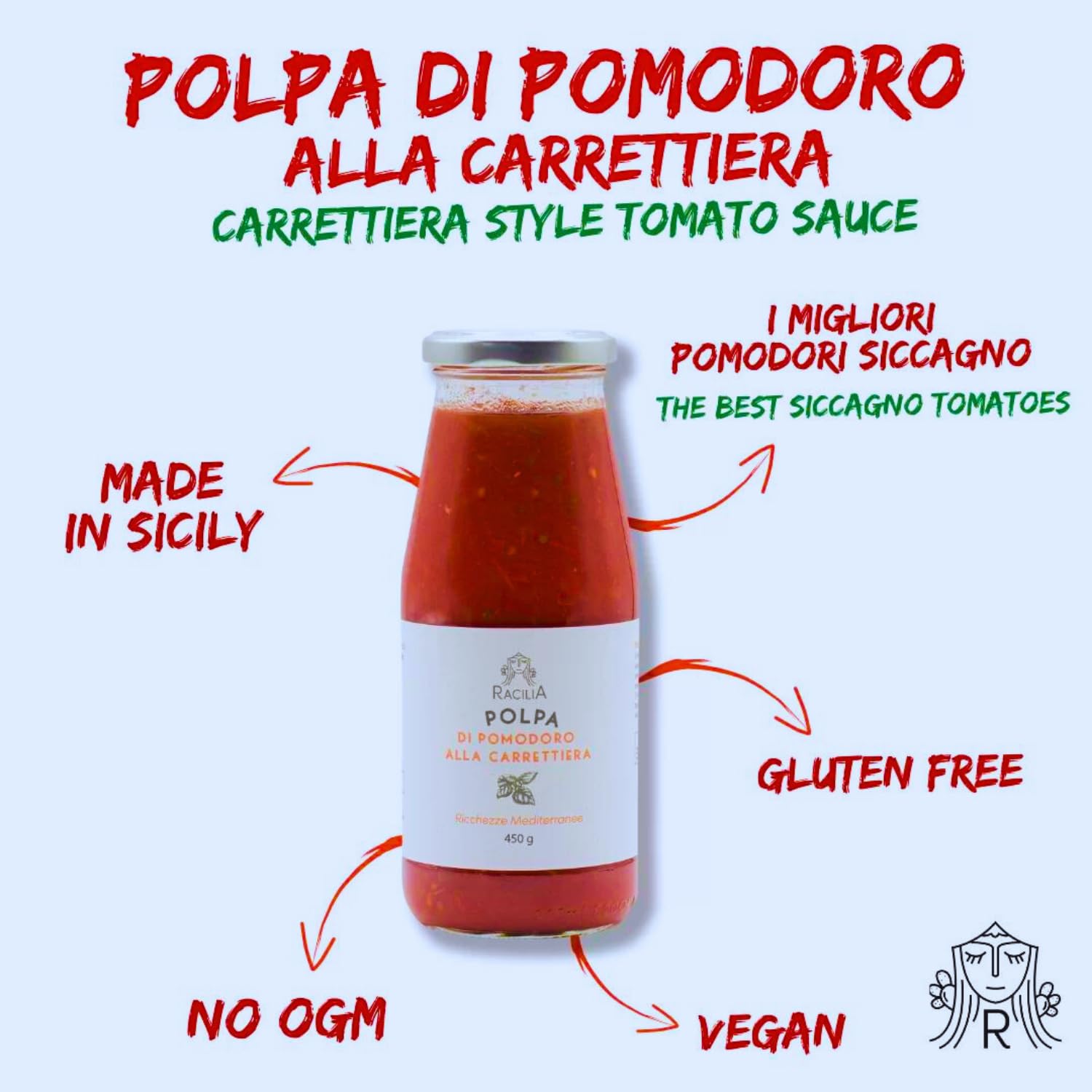 RACILIA 6x450gr Polpa di Pomodoro alla Carrettiera con Siciliano Siccagno, Basilico, Aglio, Zucchero da Barbabietola Italiana - Vegano, Senza Ogm | Pomodori Tradizione Siciliana