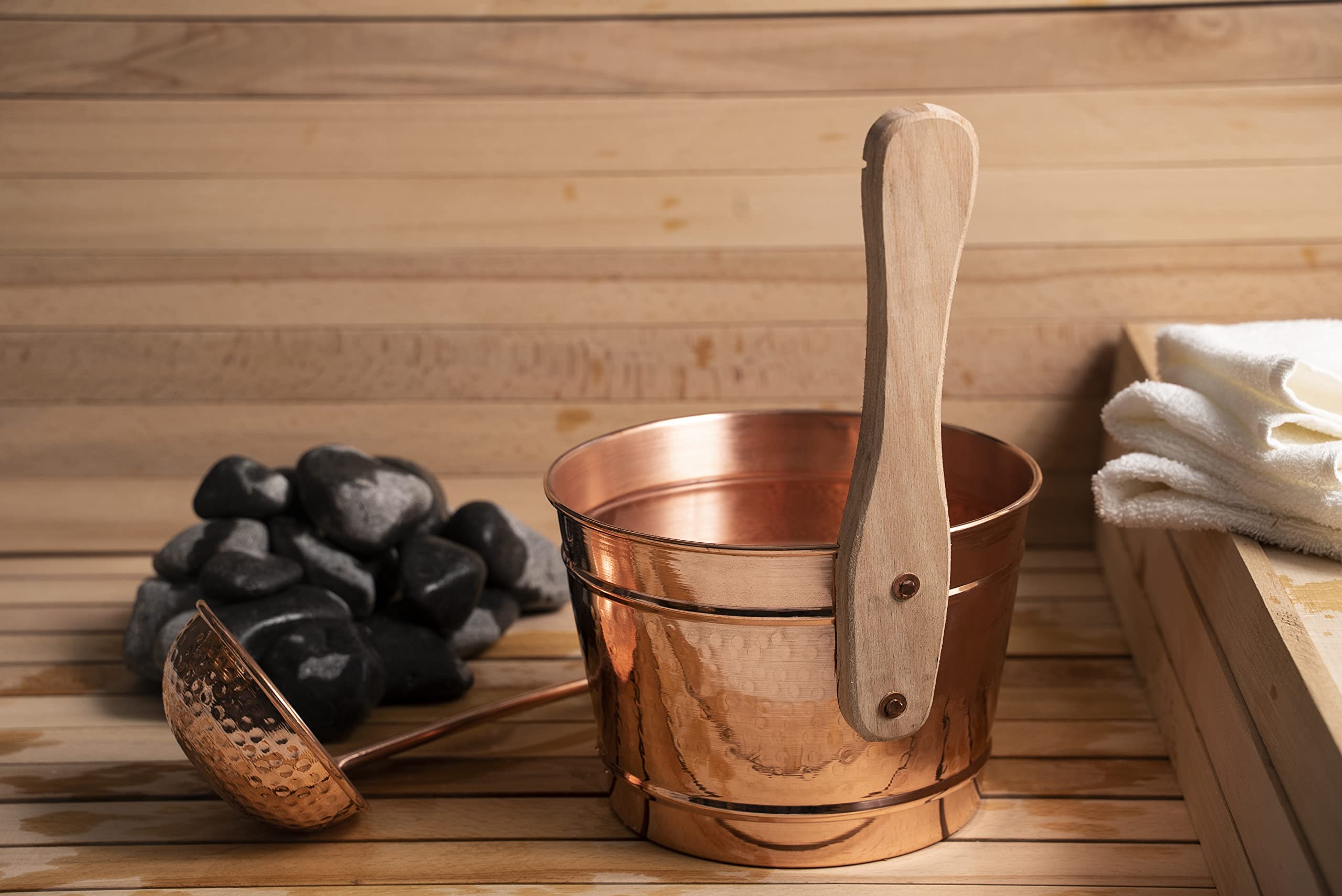 Ensemble seau et louche faits à la main 100 % cuivre massif | Accessoires de spa en cuivre martelé | Accessoires de hammam turc