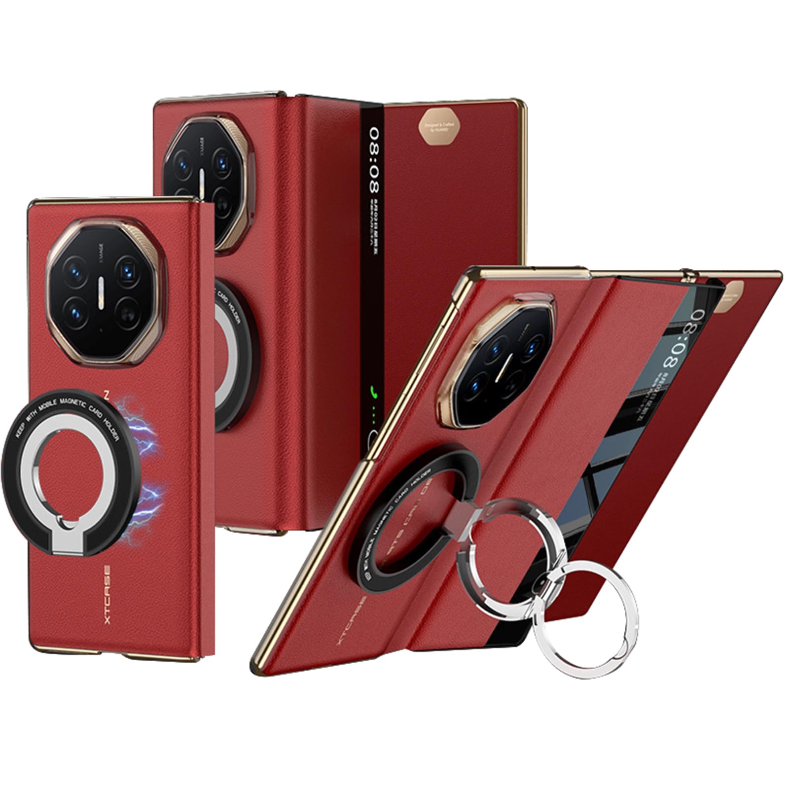 Etui na Huawei Mate XT, magnetyczny skórzany pokrowiec odpinany uchwyt pierścieniowy podpórka osłona ochronna funkcja widoku okna luksusowe etui biznesowe, czerwone, Mate XT