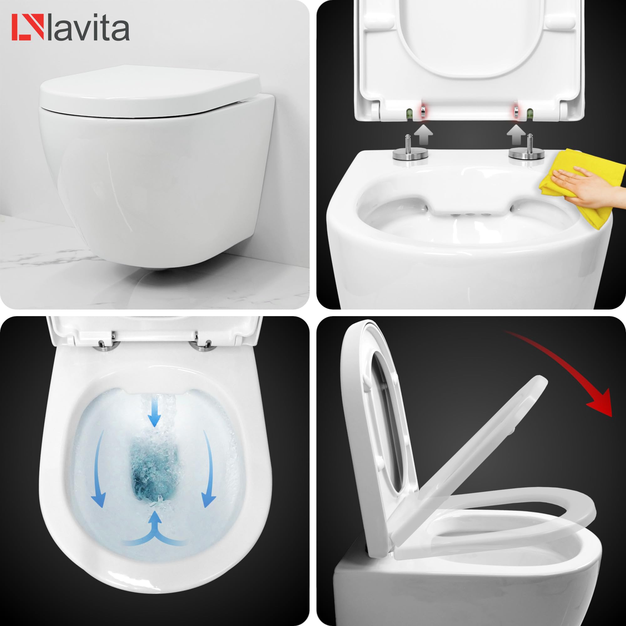 domino LAVITA SOGO WC da parete con abbassamento automatico e cerniere in metallo, senza bordi, da appendere, 365 x 490 x 395 mm, bianco lucido
