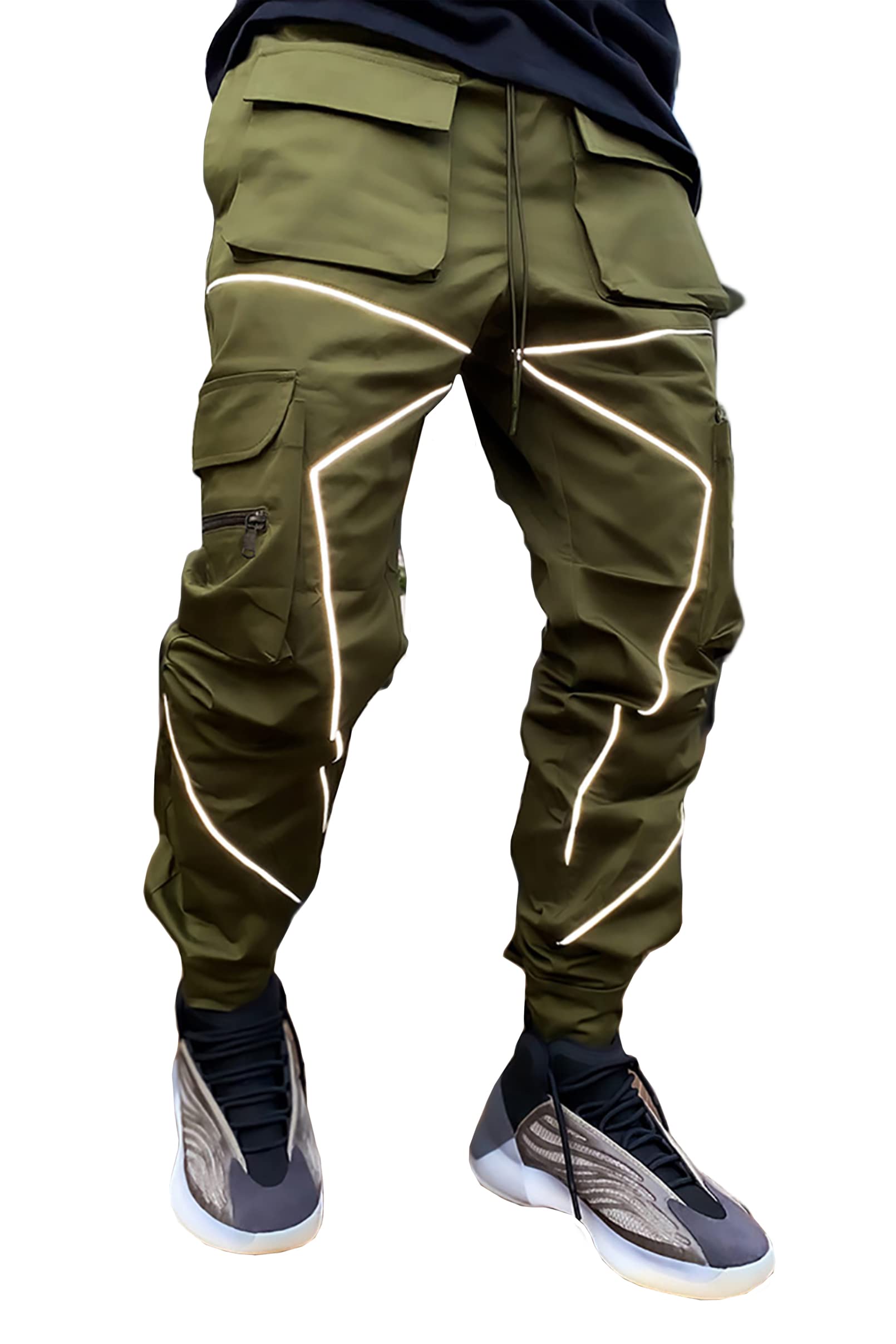 BOOMLEMON Men's Cargo Jogger Pants Reflective Technical Hip Hop Harem Pants Punk Streetwear Tactical Track Pants