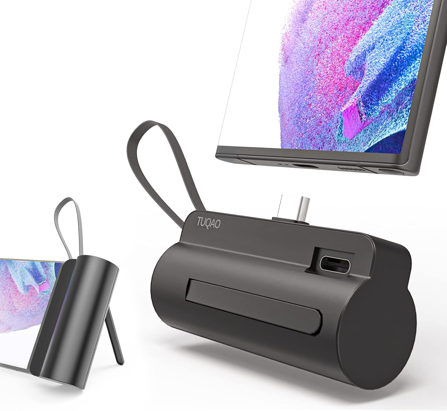 TUQAO Portable Charger USB C, 5200mAh Small Portable Charger Android, Mini USB C Power Bank Battery Pack Built-in Cable and Cell Phone Holder for Samsung and iPhone, etc.