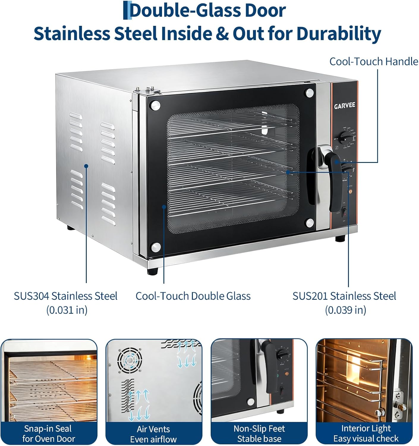 Garvee Commercial Convection Oven Countertop, 68L/60Qt, 1750W Toaster, 4-Tier Electric Oven w/Front Glass Door, Trays Wire Racks Clip Gloves, 120V