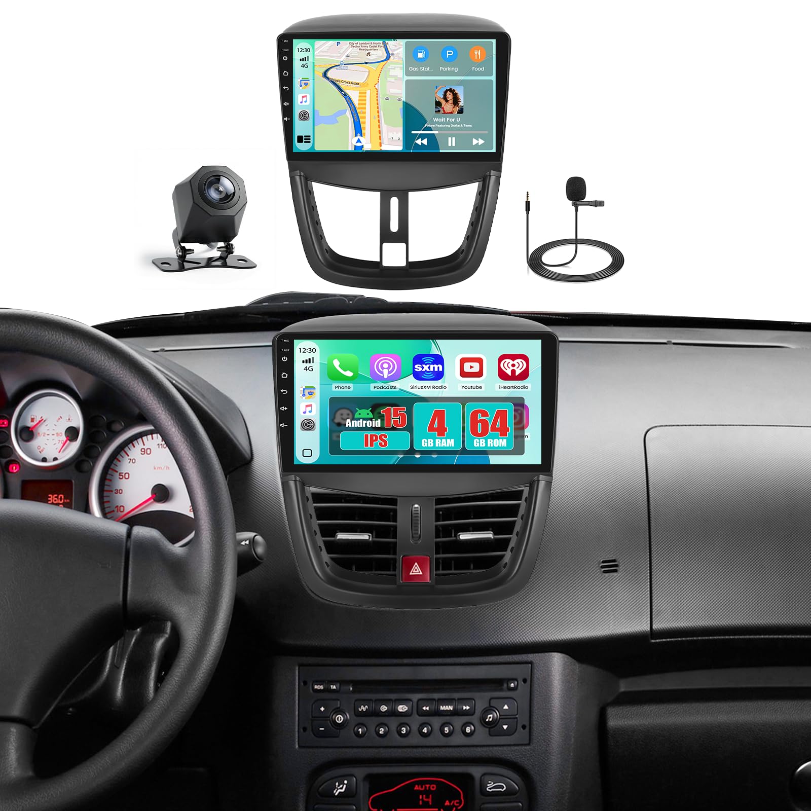 Hikity Radio samochodowe 4+64G dla Peugeot 207 2006-2015 z Android Auto