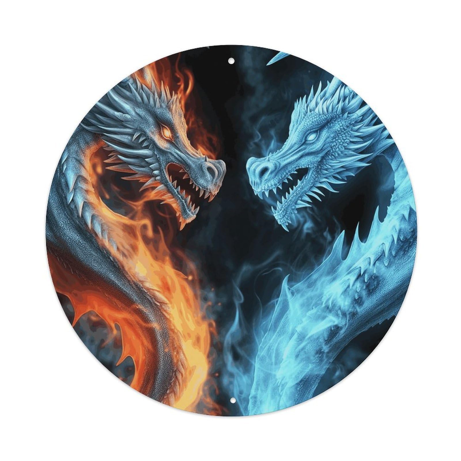 LZQPOEAS Ice And Fire Dragons Round Aluminum Wall Art Sign, Metal Indoor Wall Decor with Holes, Durable Circular Aluminum Plaque for Home, Bar, Cafe, Living Room, And Office Decoration