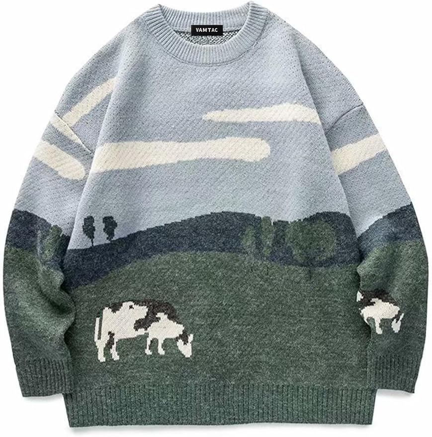 Vamtac Mens Oversized Sweater Vintage Graphic Pullover Crewneck Knit Jumper Y2K Unisex Streetwear 2025 Fall Tops
