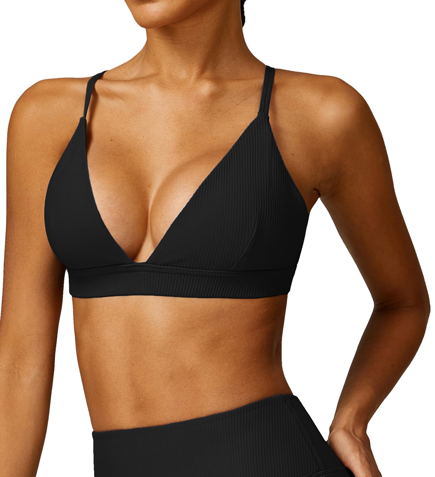 Women's V Neck Sports Bra Low Medium Impact Longline Yoga Bra Padded Workout Bra Superior Black L