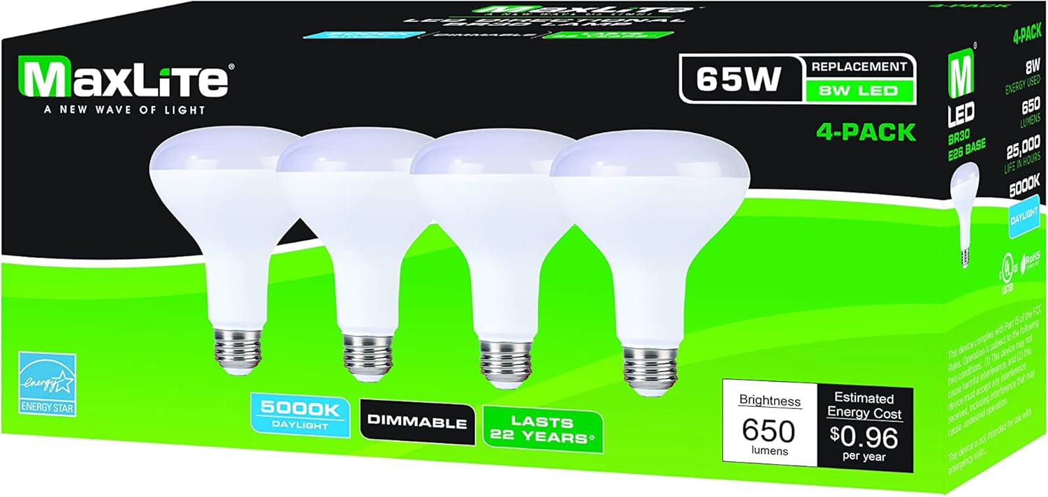 Maxlite LED BR Reflector LAMP 8W BR30 DIM 5000K 4PK, White (8BR30D50/4P/WS)
