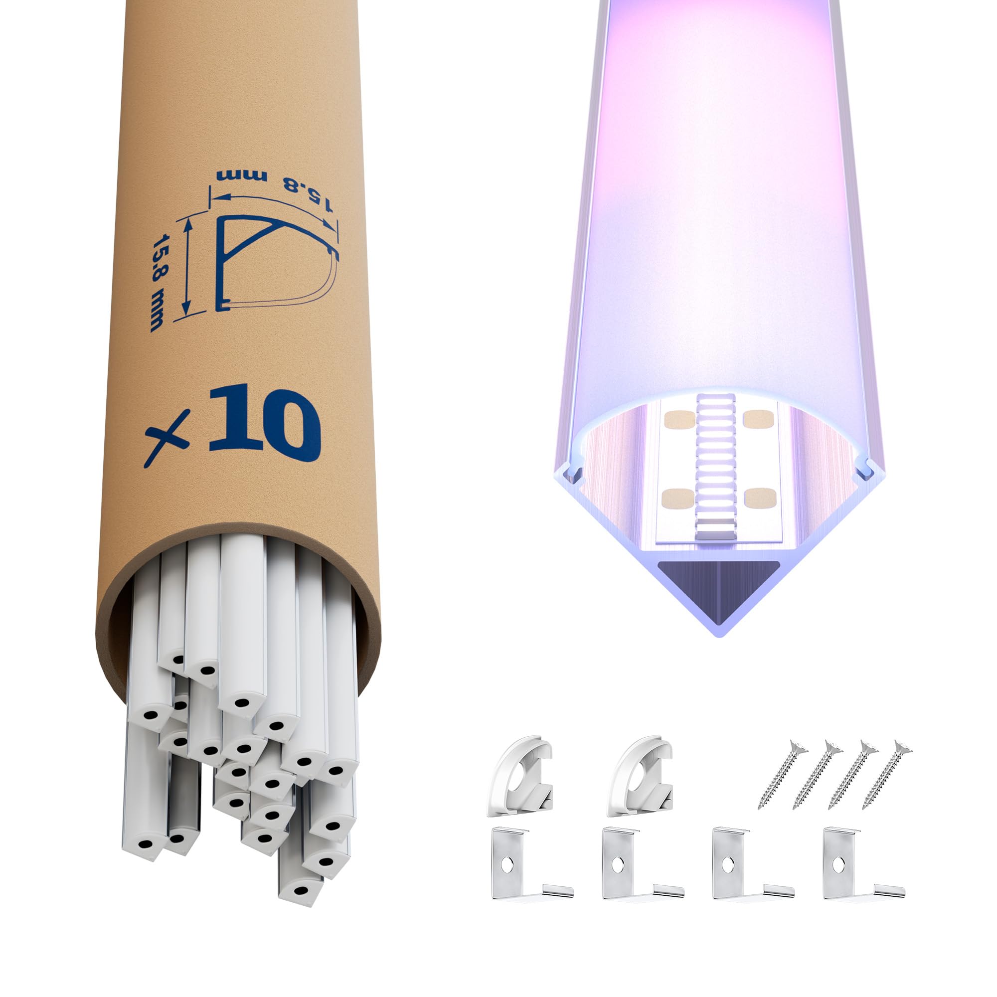 Profil aluminiowy LED, zestaw 2 m – profil narożny w kształcie litery U V do taśm LED do 12 mm, mleczna pokrywa, w zestawie łączniki narożne i akcesoria montażowe (V-2M, 10)
