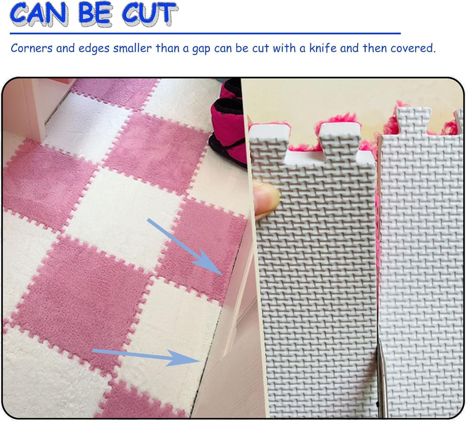 Interlocking Puzzle Foam Rug, Square Plush Puzzle Carpet, Soft and Fluffy, Interlocking Plush Carpets, 8Pcs (Grey+Green)