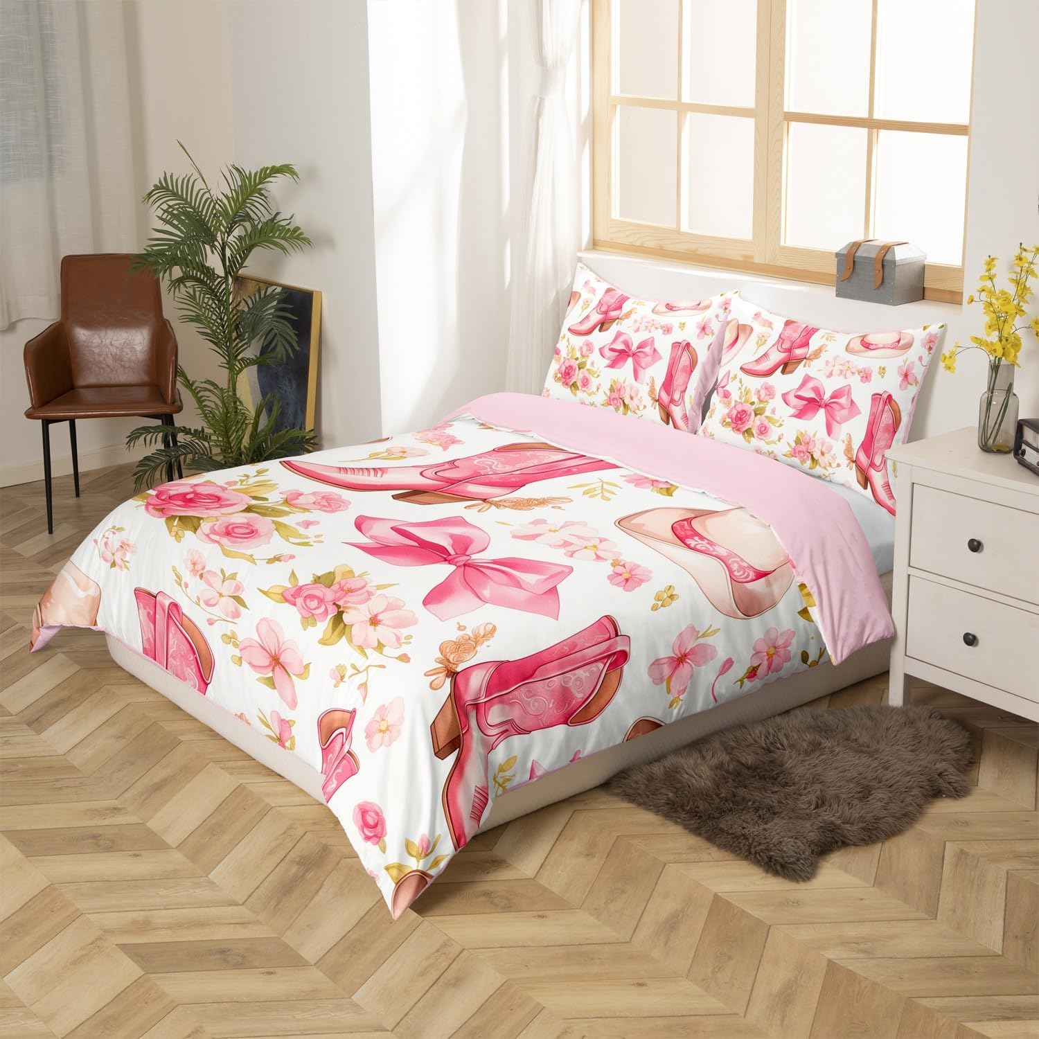 Feelyou Kids Western Cowgirl Bedding Set Full Size,Pink Bowknot Duvet Cover Boys Girls Dreamy Princess Comforter Cover Cute Bow Teens Bedspread Cover Bedroom Decor Quilt Cover (No Comforter)