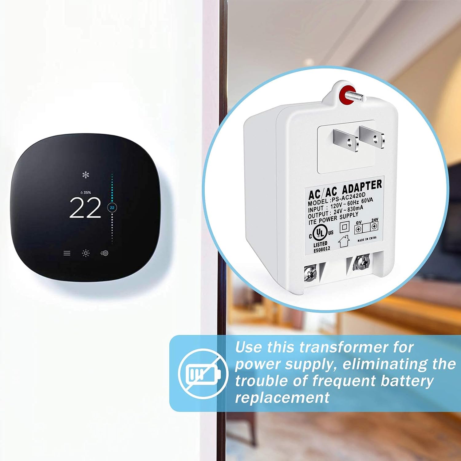 24V 830mA Thermostat and Doorbell Transformer, Wall Transformer with PTC Fuse Compatible with Nest, for Honeywell, Ecobee and Sensi Thermostat, Nest Hello and All of Doorbells