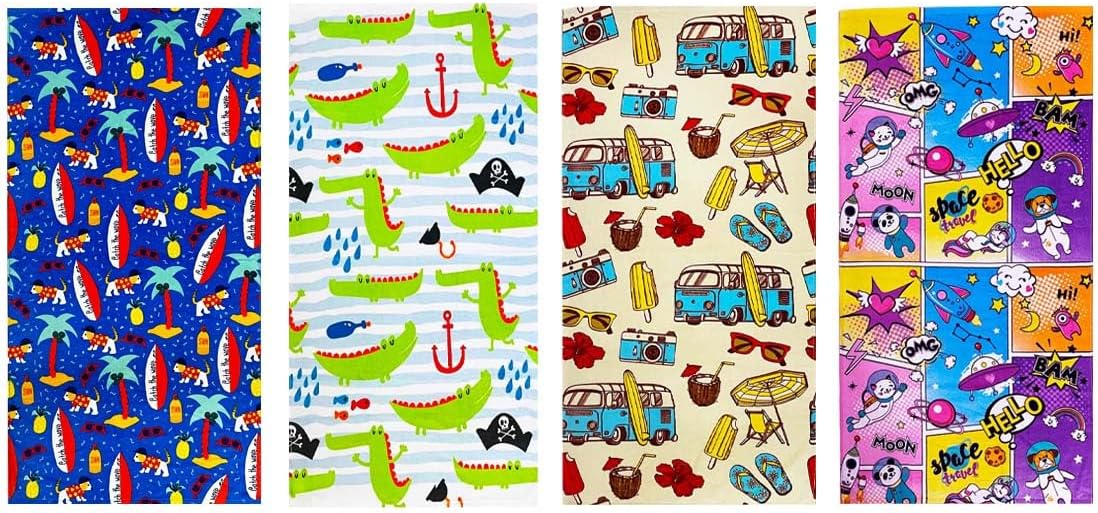 YIFONTIN 4 Pack Kids Beach Towel 100% Cotton Velour Terry Soft Absorbent Throw Blanket 25.5x51 inch Gift for Bath Swimming Pool Sports Holiday Travel, Pirates Gator Surfboard Puppy Rocket Unicorn Bus.