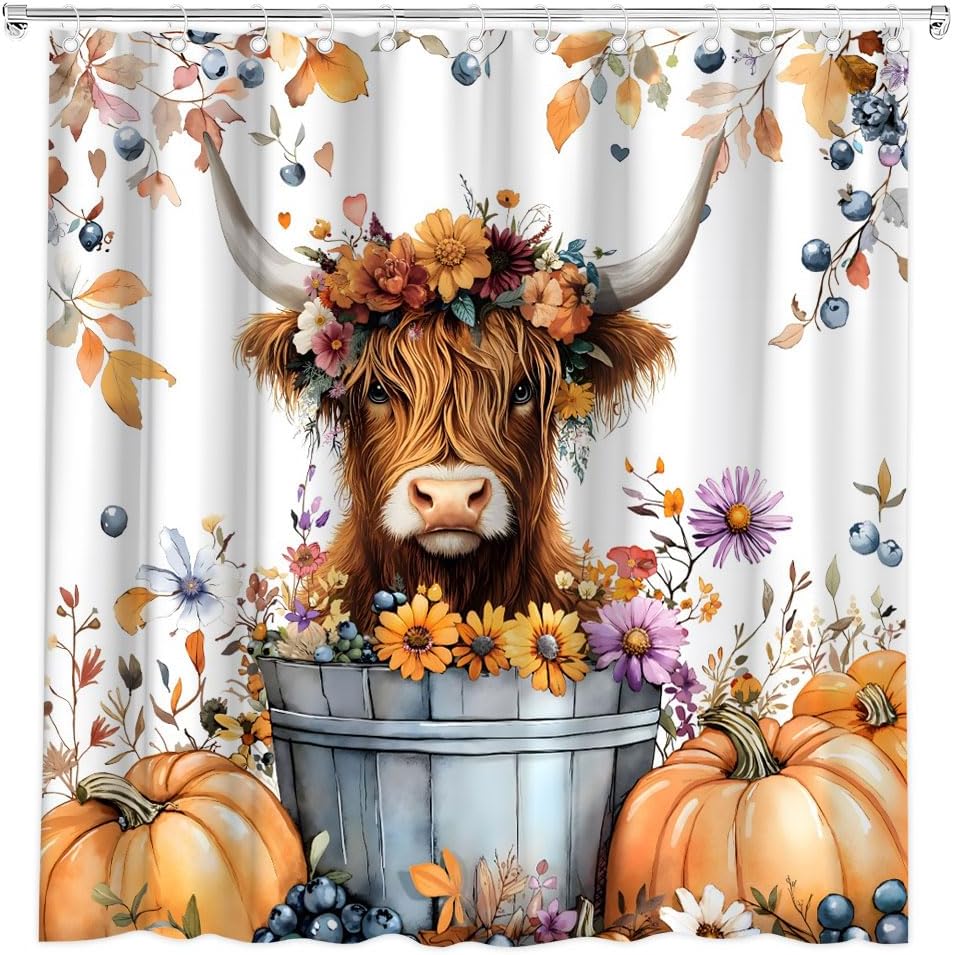 Fall Harvest Highland Cow Shower Curtain Autumn Pumpkin Floral Leaves Farmhouse Bull Watercolor Plant Bath Curtain Fabric Bathroom Accessories Decor with Hooks 90W x70L
