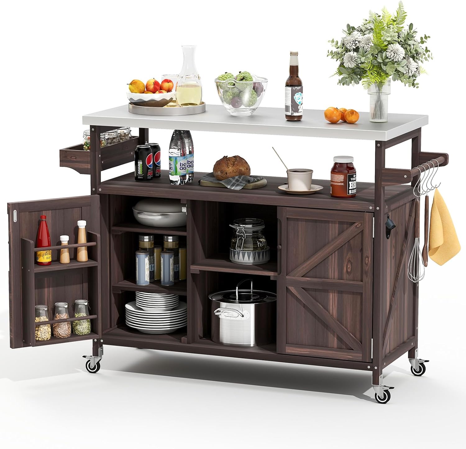 Outdoor Grill Cart with Storage Space, Stainless Steel Tabletop Outdoor Kitchen Island, Fir Wood Outdoor Buffet Cabinet with Lockable Casters for Grilling, Brown