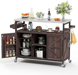 Zevemomo Outdoor Grill Cart with Storage Space, Stainless Steel Tabletop Outdoor Kitchen Island, Fir Wood Outdoor Buffet Cabinet with Lockable Casters for Grilling, Brown